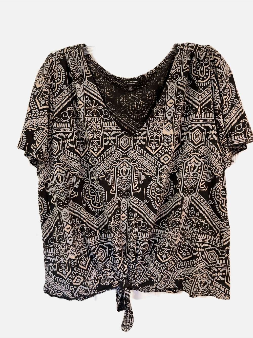 Lucky Brand Bohemian Tribal Black & Cream Geometric V-Neck Tie-Front Top L